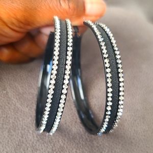 Black Hoop Earrings with Rhinestone Trim